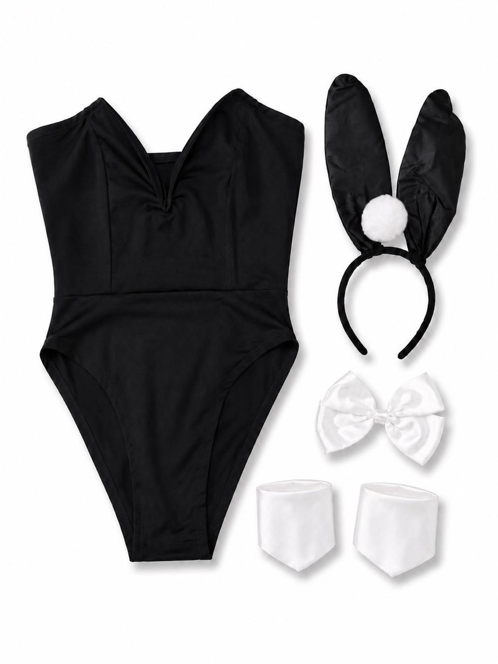 Black Strapless Bunny Costume Bodysuit Set w/ Ears, Bow, Tail & Cuffs Size M
